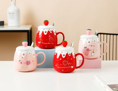 INS Strawberry Fruit Relief with Cover Spoon Ceramic Cup Custom Logo Gift Cup Creative Household Mug