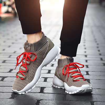 2020 Autumn and Winter New Lightweight Flyknit Men's Shoes Breathable Height Increasing Leisure Sock Shoes Middle High Top Running Sneakers