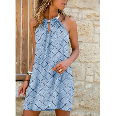 2021 New Summer Europe and America Cross Border Fashion Women's Wear Wish Amazon Mid-Length Metal Halter Plaid Dress