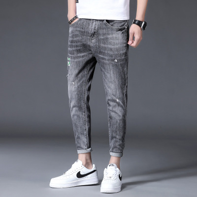 2021 Summer Gray Jeans Men's Fashion Brand Slim Fit Skinny Korean Style Trendy All-Matching Men's Casual Ankle-Length Pants