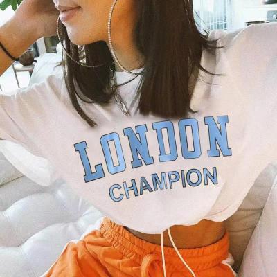 2021 Europe and America Cross Border Women's Top Street Letters Printed Navel Slimming Waist Loose T-shirt Short Sleeve Delivery in Stock