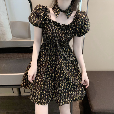 Summer Wear 2021 New French Retro Hollow Slim Slimming Small Puff Sleeve Black Shivering Dress