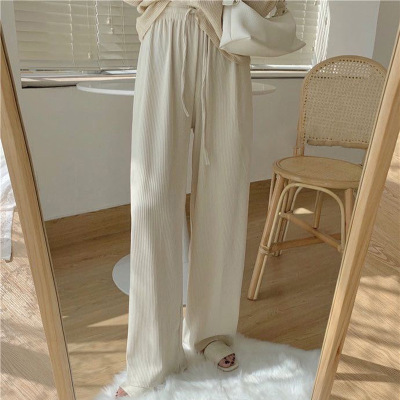 New Korean Style Knitted High Waist Wide Leg Pants Women's Elastic Drooping Straight Gray Casual Pants for Women Spring and Summer