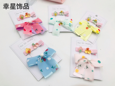Children's Student Cute Floral Dots Plaid Bow Press Clip Set Hair Accessories Press Clip Cropped Hair Clip Bang Clip