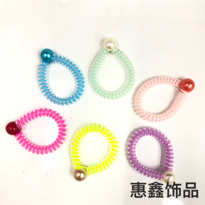 Two-Color Telephone Wire Hair Ties Elastic Rubber Hair Band Rope Pearl Hair Ring Bracelet