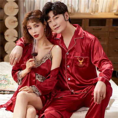 New Couple Ice Silk Pajamas Lady Sexy Sling Nightgown Two-Piece Suit Men's Silk-like Long-Sleeved Homewear