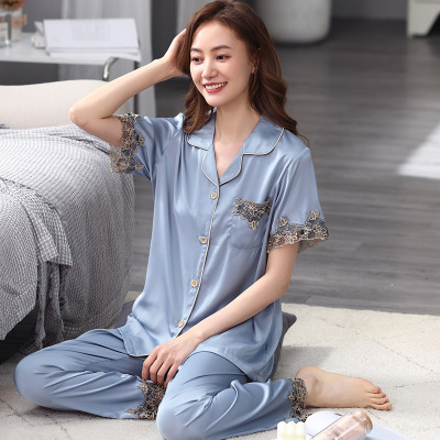 OEM Customized Yiyi Pajamas Women's Summer Artificial Silk Silk Cardigan Short-Sleeved Trousers Homewear Suit O