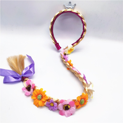 Cross-Border Taobao Supply Children's Long Hair Princess Wig Braid Flower Crown Long Braid Party Play Headdress H