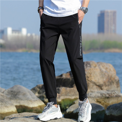 2021 Summer Ice Silk Thin Sports Casual Pants Men's Pocket Zipper Boys Ankle Length Jogger Pants Trendy