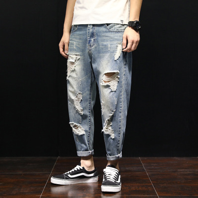 Spring Retro Patch Ripped Jeans Men's Cropped Harem Pants Loose Fashion Trendy Korean Style Beggar Pants Men