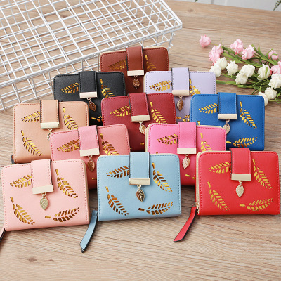 Horizontal Square Korean Women's Wallet Small Hollow Leaves Flower Clutch Pu Short Coin Purse Ladies Card Holder