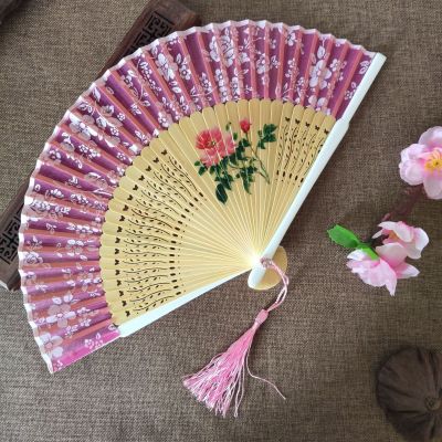 Large Row Hand-Painted Female Fan-Head Green Bamboo Handle Folding Fan Imitation Silk Flower Boutique High-End Ladies Folding Fan Fan Wholesale
