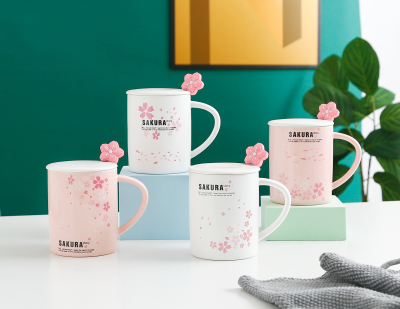 Cherry Blossom Ceramic Water Cup Fresh with Cover Spoon Large Capacity Mug Custom Logo Advertising Gift Coffee Cup