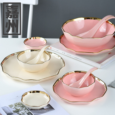 Nordic Ceramic Tableware Creative Golden Trim Ceramic Plate Mug Noodle Bowl Soup Bowl Rice Bowl