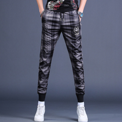 Summer Plaid Casual Pants Men's Slim Fit Skinny Korean Style Trendy Non-Ironing All-Matching Cropped Men's Track Pants