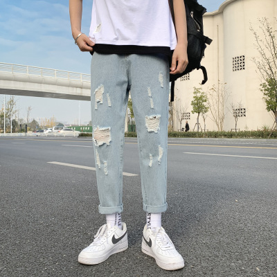 2021 Ripped Jeans Men's Summer Light Blue Korean Style Loose Straight 9 Points Harem Trendy Jeans Men's