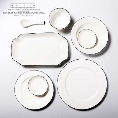 Black Line Cutlery Plate Ceramic Tableware Hotel Household Rice Bowl Meal Saucer Bowl Dish Plate Set Customization