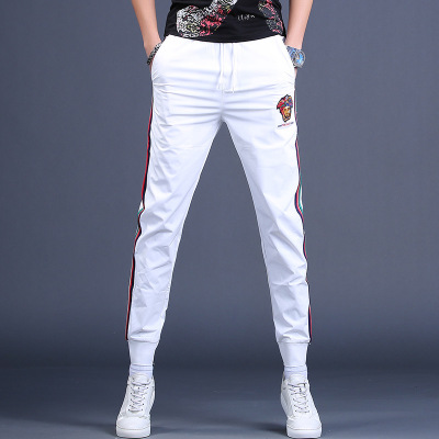 Fashion Brand White Pants Men's Embroidery Summer Sports Casual Korean Style Trendy Trousers Ankle-Tied Slim Fit Men's Ninth Pants