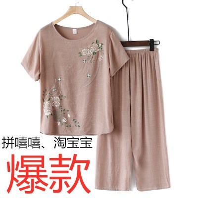 Middle-Aged Women's Summer Suit Cotton and Linen Mom Short-Sleeved T-shirt Two-Piece Pants Cropped Pants Elders Grandma Clothes