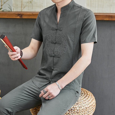 2021 New Linen Short-Sleeved Suit Men's Retro Style Ice Silk T-shirt Cropped Pants Two-Piece Cardigan Embroidered Chinese Costume