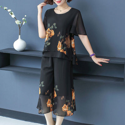 Middle-Aged Mom Summer Clothes 2021 New Women's Suit Western Style Top Middle-Aged and Elderly Women's Short Sleeve 50-Year-Old Two-Piece Set