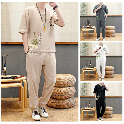 Chinese Style Linen Suit Men's Short-Sleeved T-shirt Tang Suit Thin Embroidery Loose Casual Retro Buckle Chinese Style Han Chinese Clothing