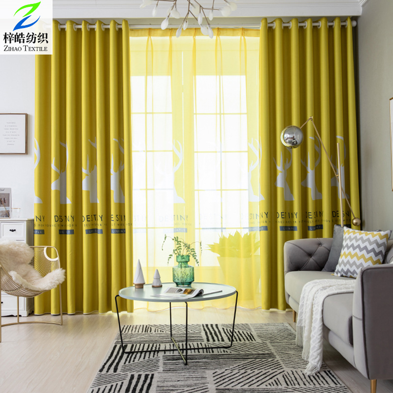 北欧现代 全遮光窗帘印花遮光布 客厅卧室书房 可定制成品@鹿头