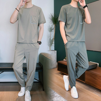 Fashion Brand Casual Suit Men's 2021 Summer New Loose Trendy Ice Silk Men's Short-Sleeved T-shirt Sports Two-Piece Suit