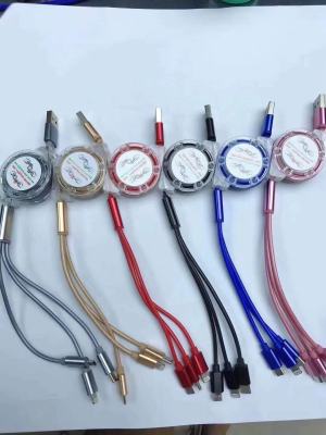 Cross-Border Hot Crystal Retractable Three-in-One Data Cable Three-in-One Mobile Phone Charging Cable Gift Custom Logo