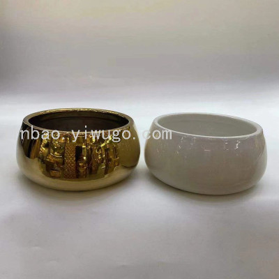 Jinbao Simple Golden Flower Pot Succulent Flower Pot Ceramic Electroplating Flower Pot Crafts Vase Ornaments Vase Ornaments
