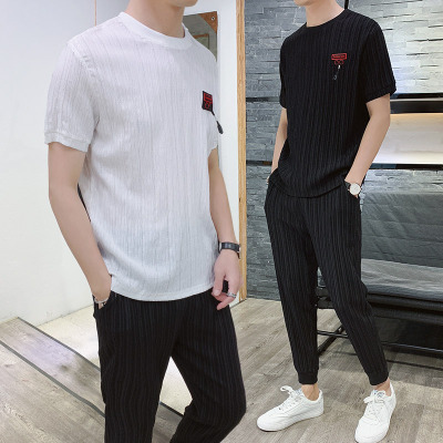 2020 New Summer Short-Sleeved T-shirt Suit Men's Casual Linen Clothes Korean Style Trendy Handsome Men's Clothes Summer Wear