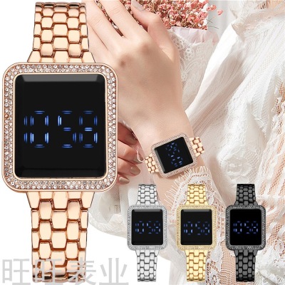 Cross-Border Hot Luxury Square Steel Band Diamond Touch Screen LED Electronic Watch Women's Stylish and Versatile Watch