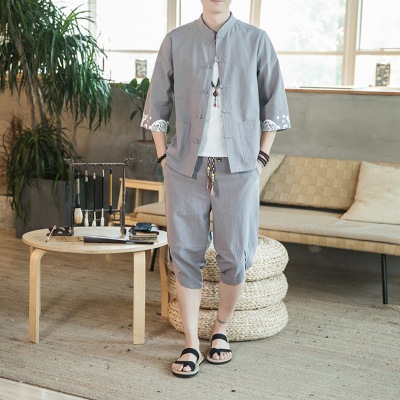 200 Jin Tang Costume Han Costume Linen Shorts Suit Men's Summer Thin Suit Cotton and Linen Short Sleeve Shirt Cropped