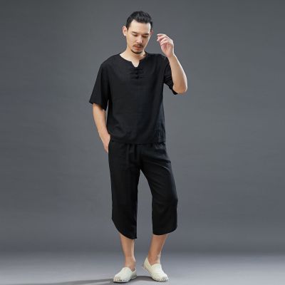 Men's 2021 Spring and Summer New Three-Button Suit Linen Casual Pants Fashion Chinese Style Solid Color and V-neck Suit