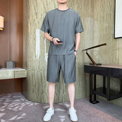 Linen Suit Men's Summer Ice Silk Short Sleeve T-shirt Men's Korean-Style Trendy Casual Loose Sports T-shirt Two-Piece Suit