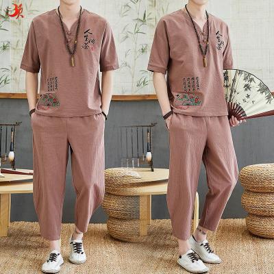 Chinese Style for Men Linen Short Sleeve Suit Character Embroidery Tang Suit Chinese Style Cotton and Linen Fashion Trendy Two-Piece Suit Generation Hair