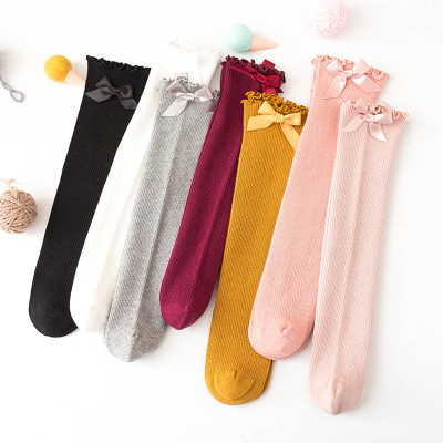 Spring and Summer New Double Needle Bow Lace Cotton Mid-Calf Length Baby Girl Socks Loose Mouth Children Bunching Socks