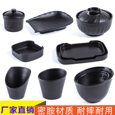 Vegetable Wringer Oblique Bowl Black Frosted Melamine Hot Pot Restaurant Melamine Imitation Porcelain Plastic Tableware Factory in Stock Wholesale