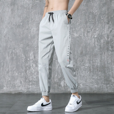 Sports Casual Pants Men's Summer Thin Loose-Fit Tappered Trousers Korean Style Trendy Ice Silk Cropped Pants Rest Leg Shaping Pants