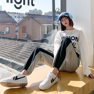 Gray Sports Pants Female Autumn and Winter Fleece-Lined Loose Slimming and All-Matching Ankle-Tied Outer Wear Sweatpants Casual Straight-Leg Wide-Leg Pants