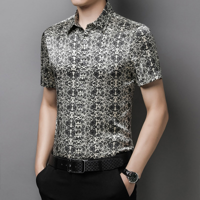 Summer Thin Short-Sleeved Shirt Men's Korean-Style Mulberry Silk Satin Surface Half Sleeve Shirt Trendy Slip Floral Top