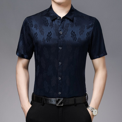 Mulberry Silk Short Sleeve Shirt Men's Loose Printed Silk Half Sleeve Shirt Summer Clothing for Middle-Aged Dad Casual Top
