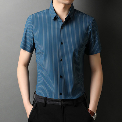 Summer New Men's Slim-Fit Seamless Shirt Middle-Aged Lapel Short-Sleeved Business Shirt Men's Striped Dad Wear