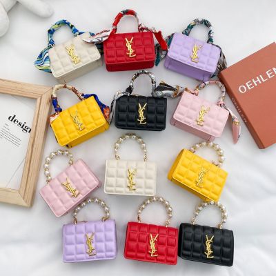 2021 Spring and Summer New Fashion Silk Scarf Children's Bags Pearl Hand Girl's Crossbody Bag Candy Color Pu Shoulder Bag for Women