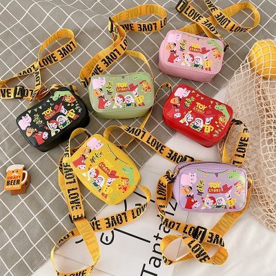 Spring 2021 New Children's Bags Pu Cartoon Pattern Printed Ribbon Shoulder Crossbody Coin Purse Candy Color Matching Bag