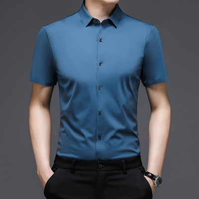 2021 Lapel Seamless Shirt Men's Summer Short Sleeve Non-Ironing Solid Color Slim Shirt Men's Business Simplicity Dad Wear