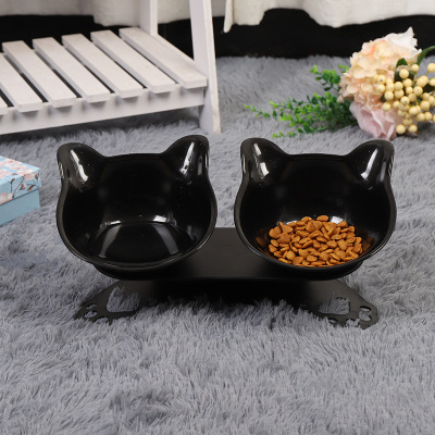 Pet Cat and Dog Food Bowl Non-Slip Cat Ear Neck Protection Double Bowl Inclined Cat and Dog Food Bowl Cat's Paw Bottom Double Bowl Factory Wholesale