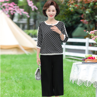  New Summer Top Two-Piece Suit Middle-Aged and Elderly Women's plus Size Half-Length Sleeve T-shirt Anti-Aging Outfits