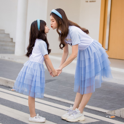  New Mesh Thin Dress Summer Blue Parent-Child Trend Mother-Daughter Matching Outfit Princess Pettiskirt Western Style