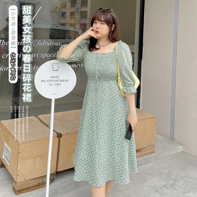 2021 Spring New Large Size Women's Clothing Plump Girls Slim Fit Slimming Waist French Floral Dress 210303